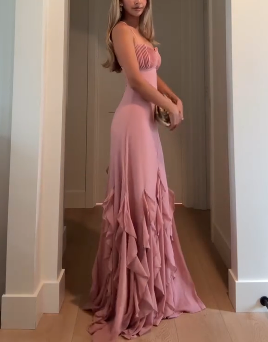 Blush Spaghetti Straps Chiffon Sheath Maxi Dress with Ruffles