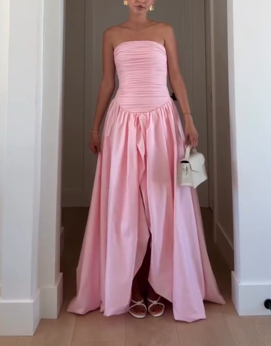 Pink Satin Starpless A-Line Pleated Maxi Dress with Slit