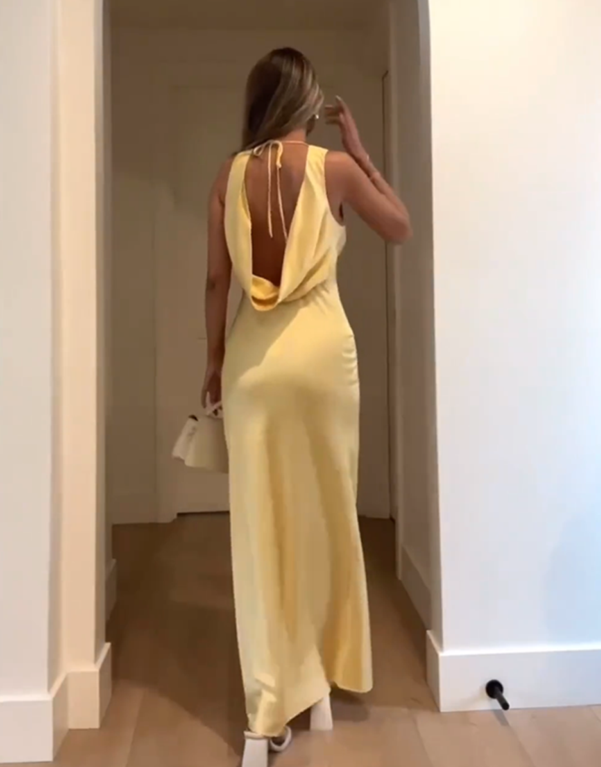 Yellow Halter Satin Sheath Backless Maxi Dress