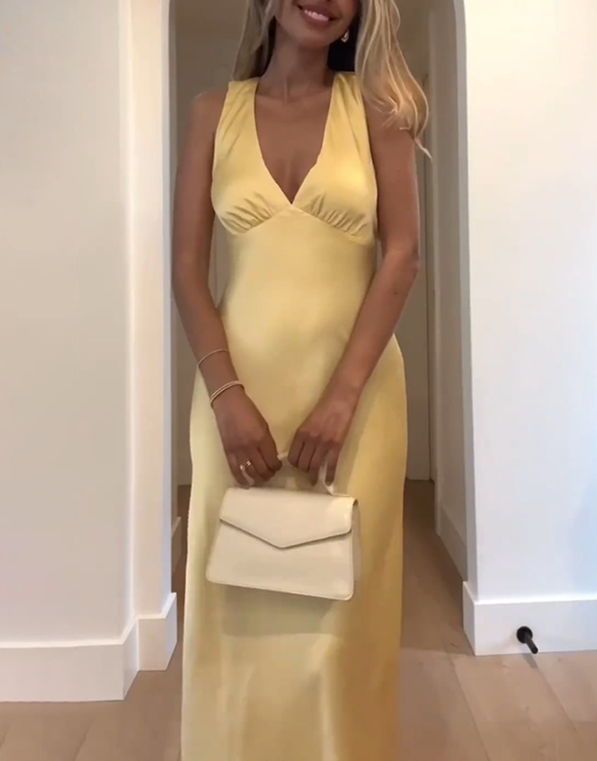 Yellow Halter Satin Sheath Backless Maxi Dress