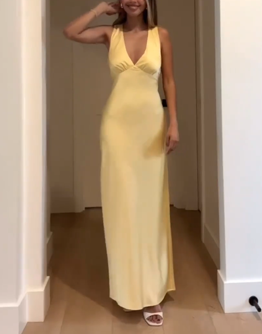 Yellow Halter Satin Sheath Backless Maxi Dress