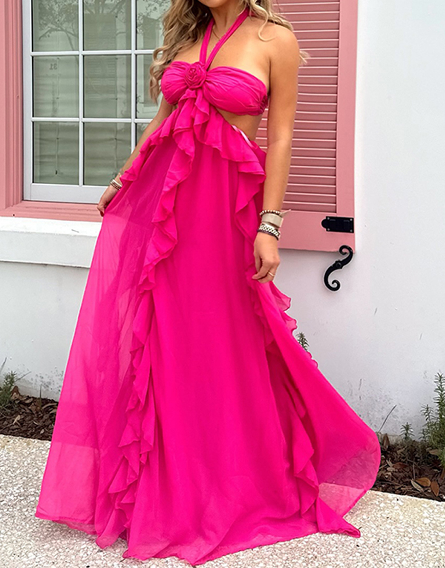 Fuchsia Floral Cut Out A Line Halter Maxi Dress with Ruffles