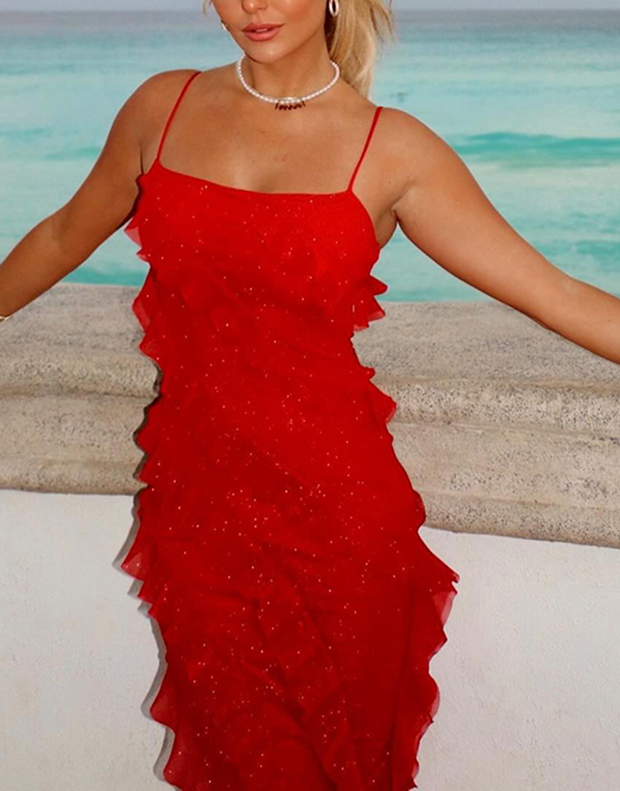 Red Ruffled Sheath Spaghetti Straps Maxi Dress with Slit