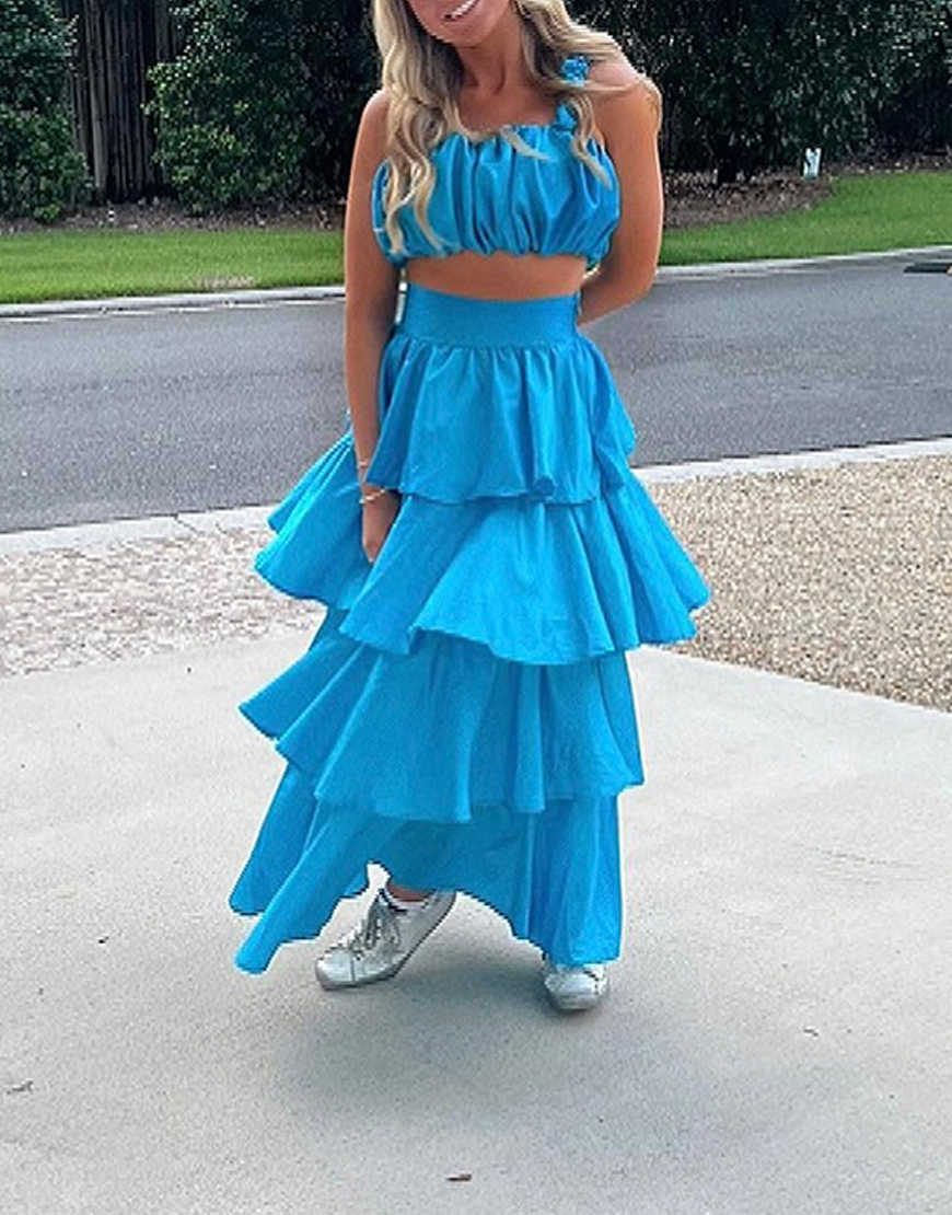 Blue A-Line Thick Straps Tiered 2-Piece Maxi Dress