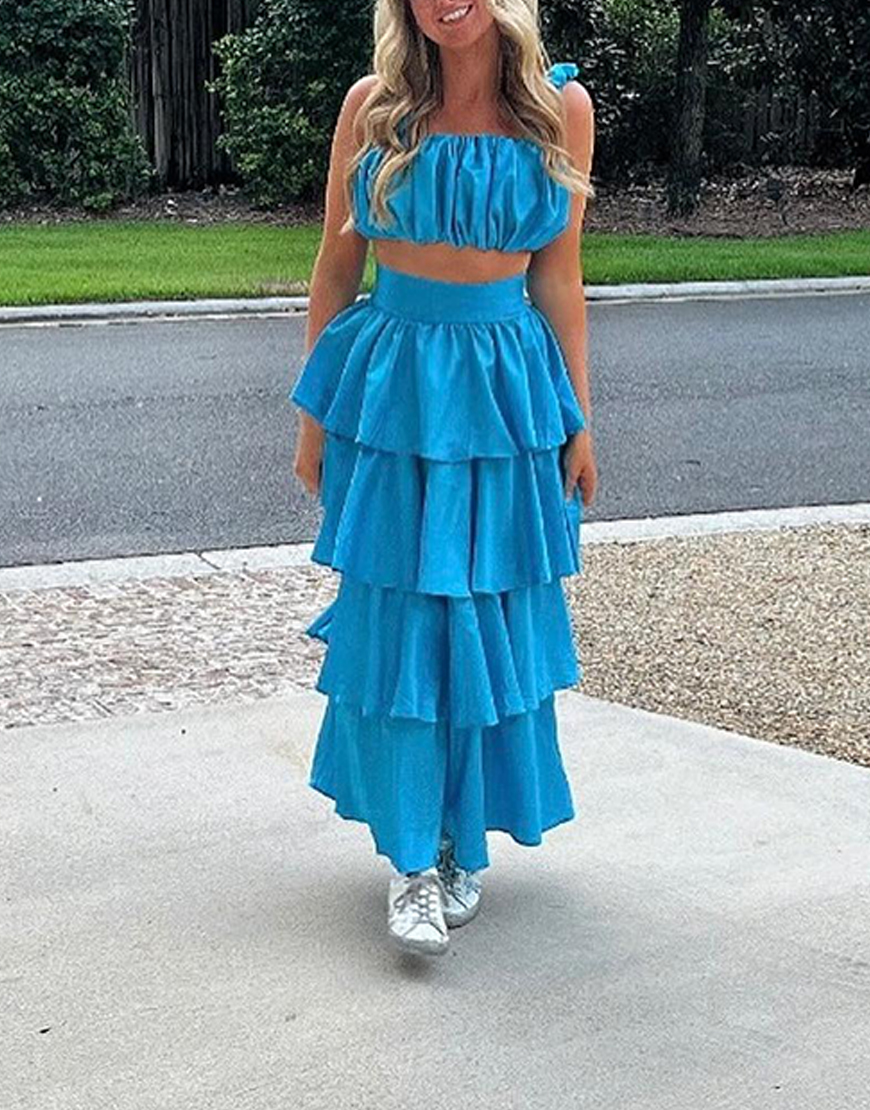 Blue A-Line Thick Straps Tiered 2-Piece Maxi Dress