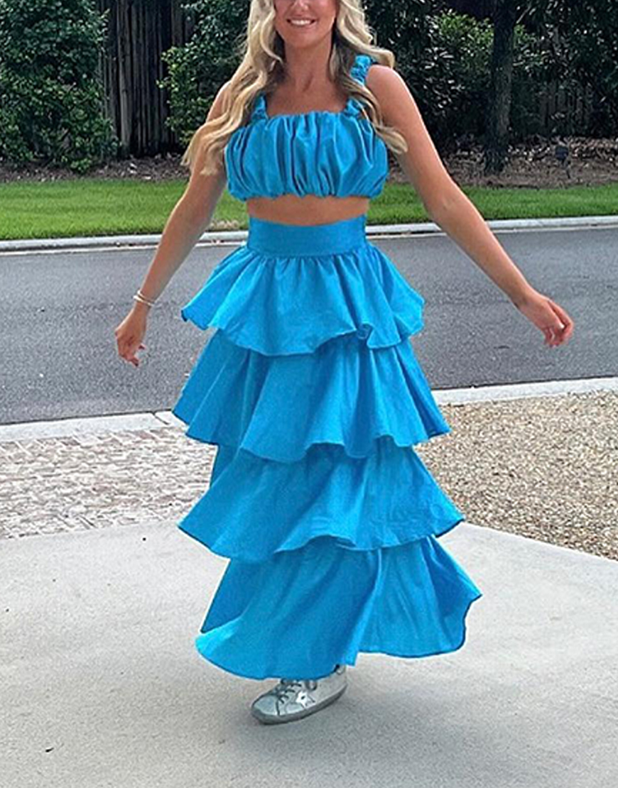 Blue A-Line Thick Straps Tiered 2-Piece Maxi Dress