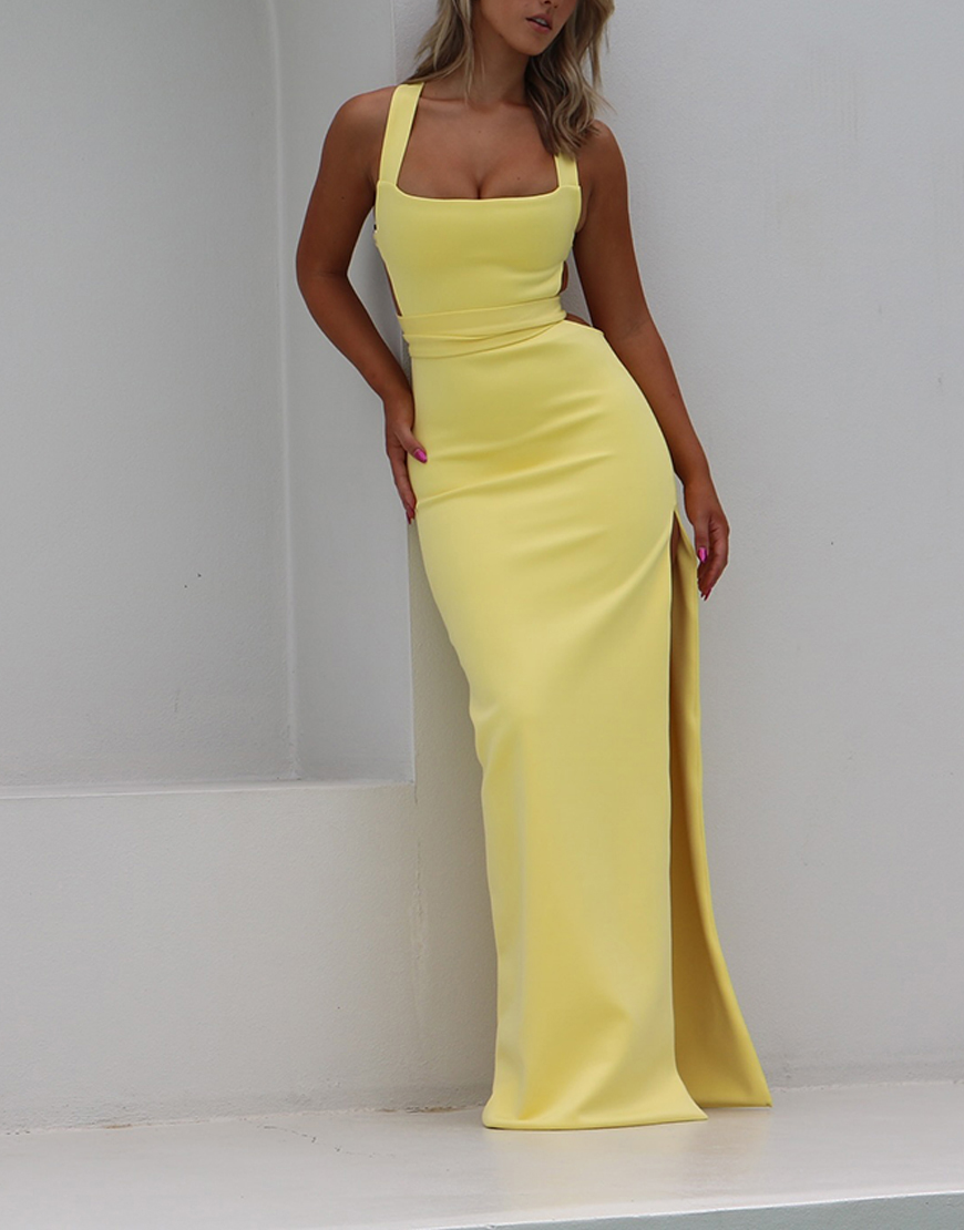 Mermaid Yellow Square Neck Maxi Dress with Slit