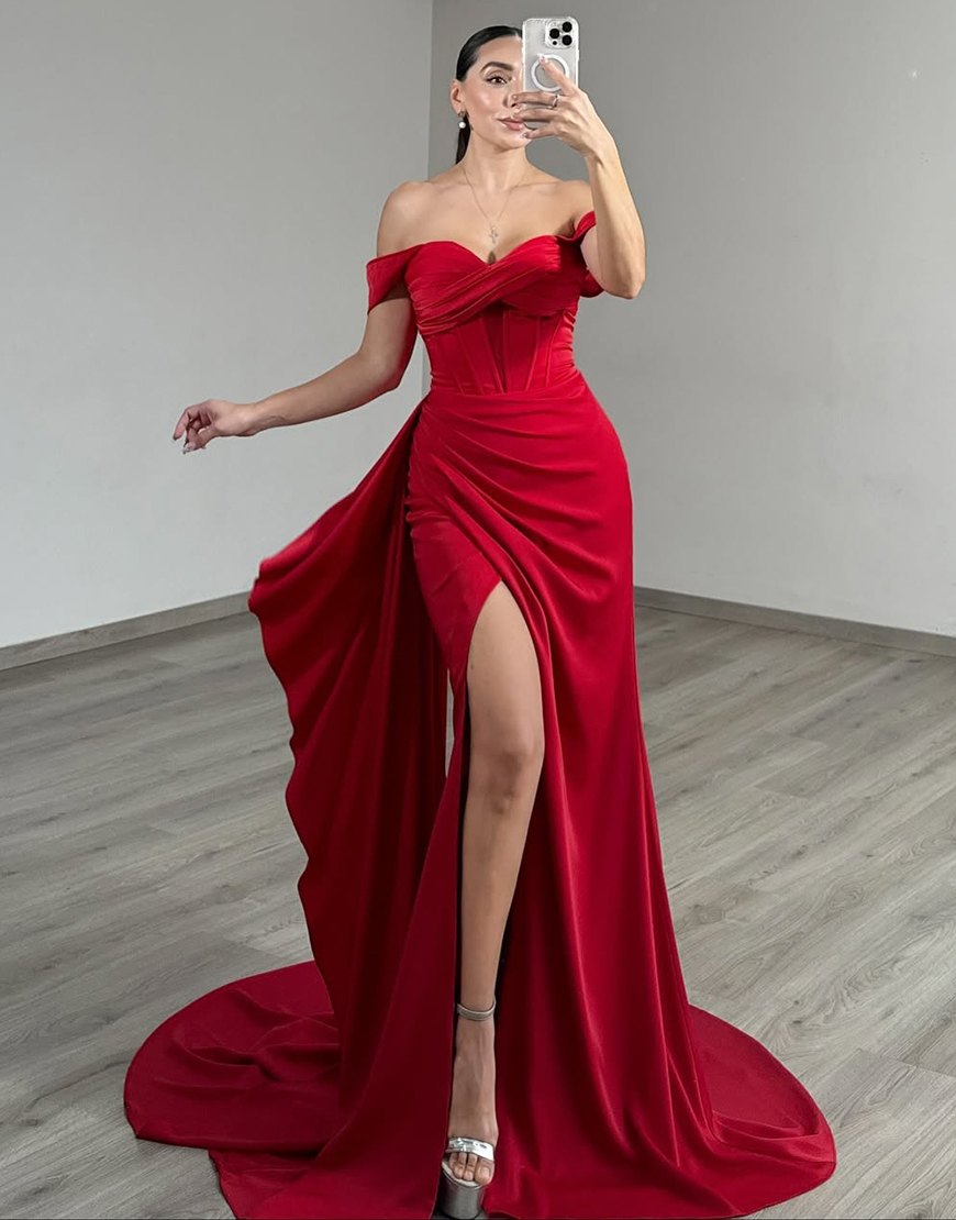 Red Off the Shoulder Corset Long Satin Prom Dress with Side Cape