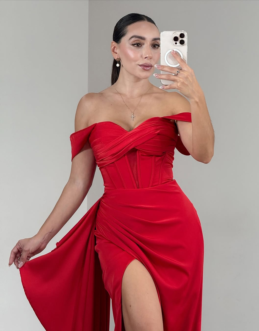 Red Off the Shoulder Corset Long Satin Prom Dress with Side Cape