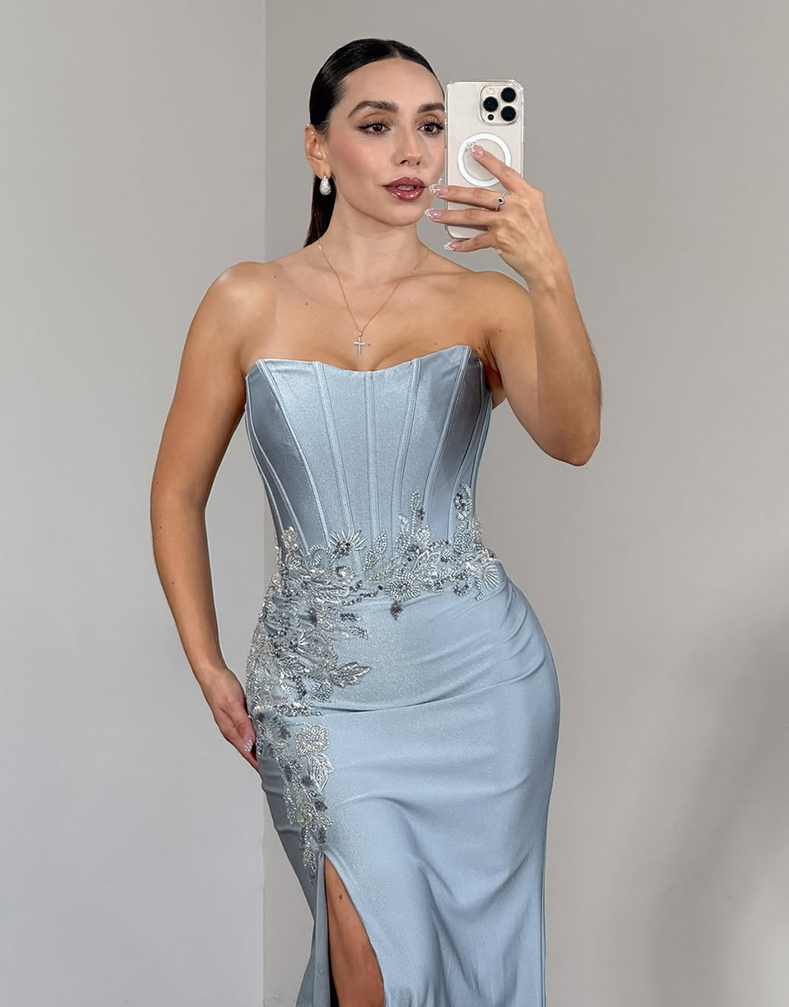 Sparkly Grey Blue Appliqued Corset Satin Long Strapless Prom Dress with Slit