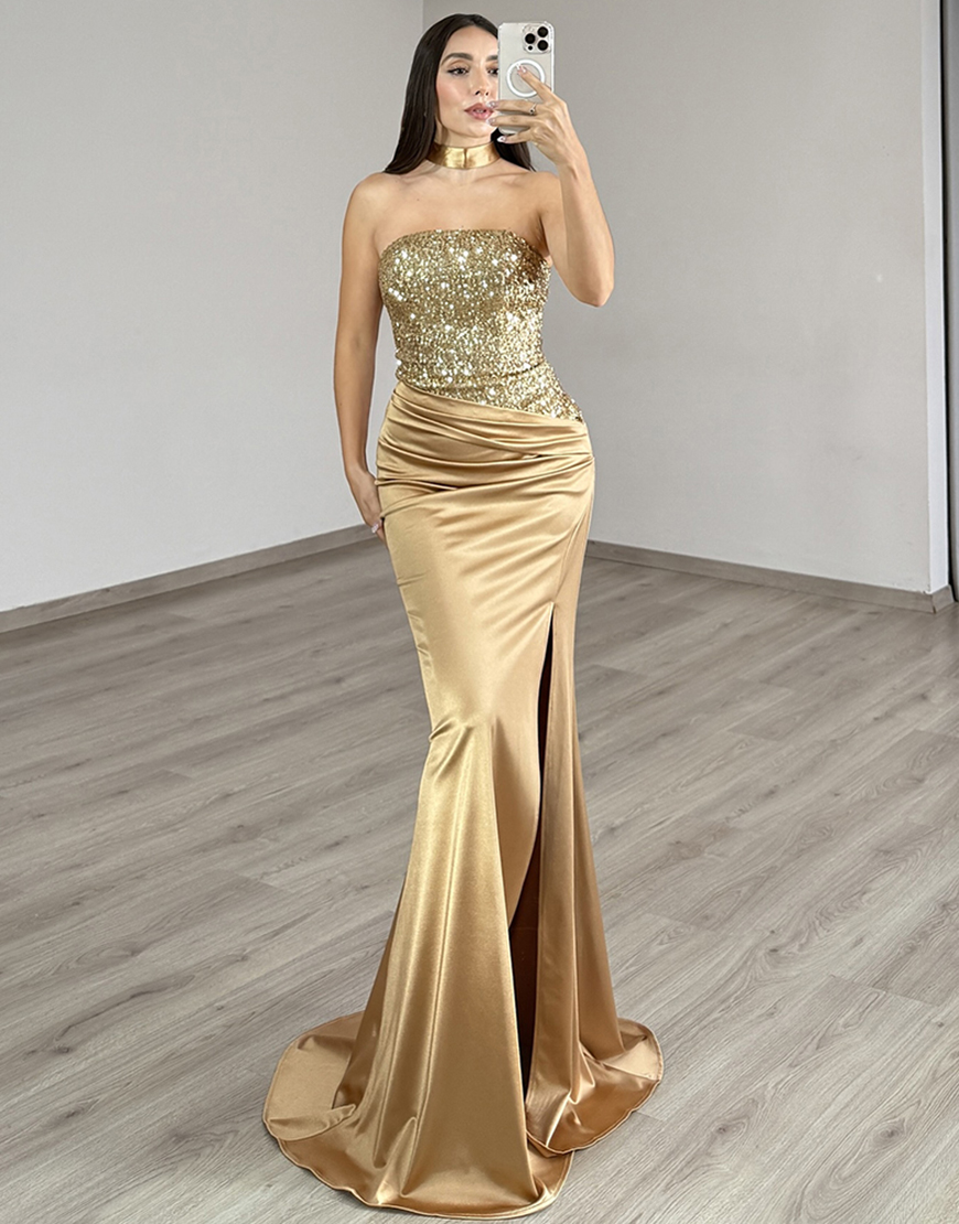 Sparkly Golden Mermaid Strapless Long Satin Prom Dress with Sequin