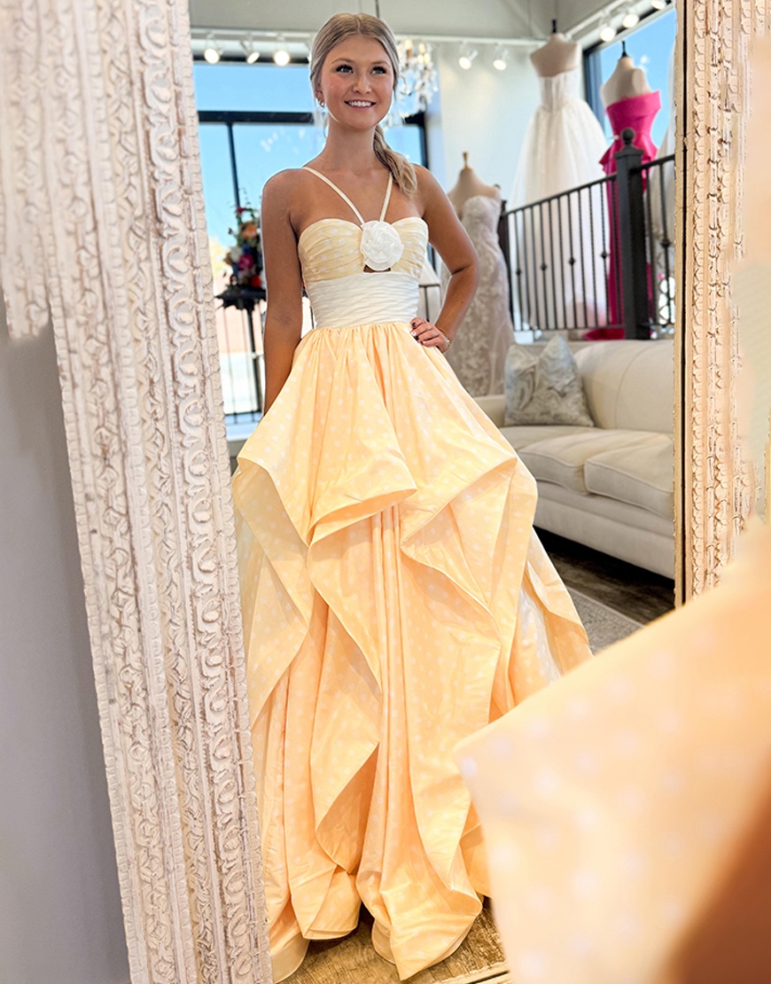 Black and White Dot Floral A Line Halter Long Prom Dress with Ruffles