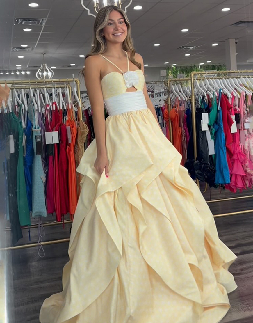 Black and White Dot Floral A Line Halter Long Prom Dress with Ruffles