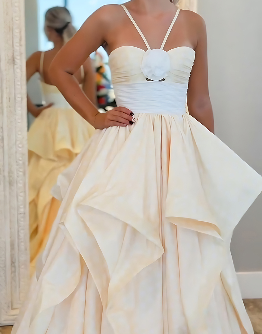 Black and White Dot Floral A Line Halter Long Prom Dress with Ruffles