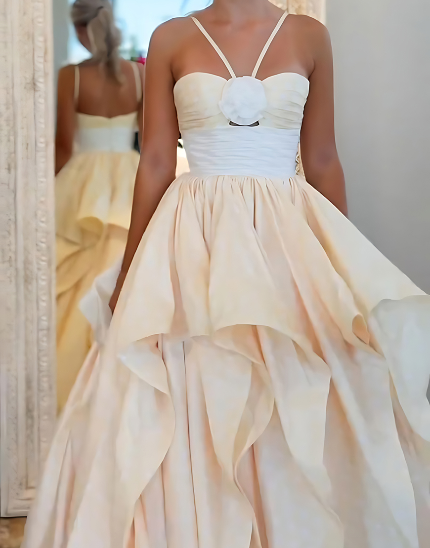 Black and White Dot Floral A Line Halter Long Prom Dress with Ruffles