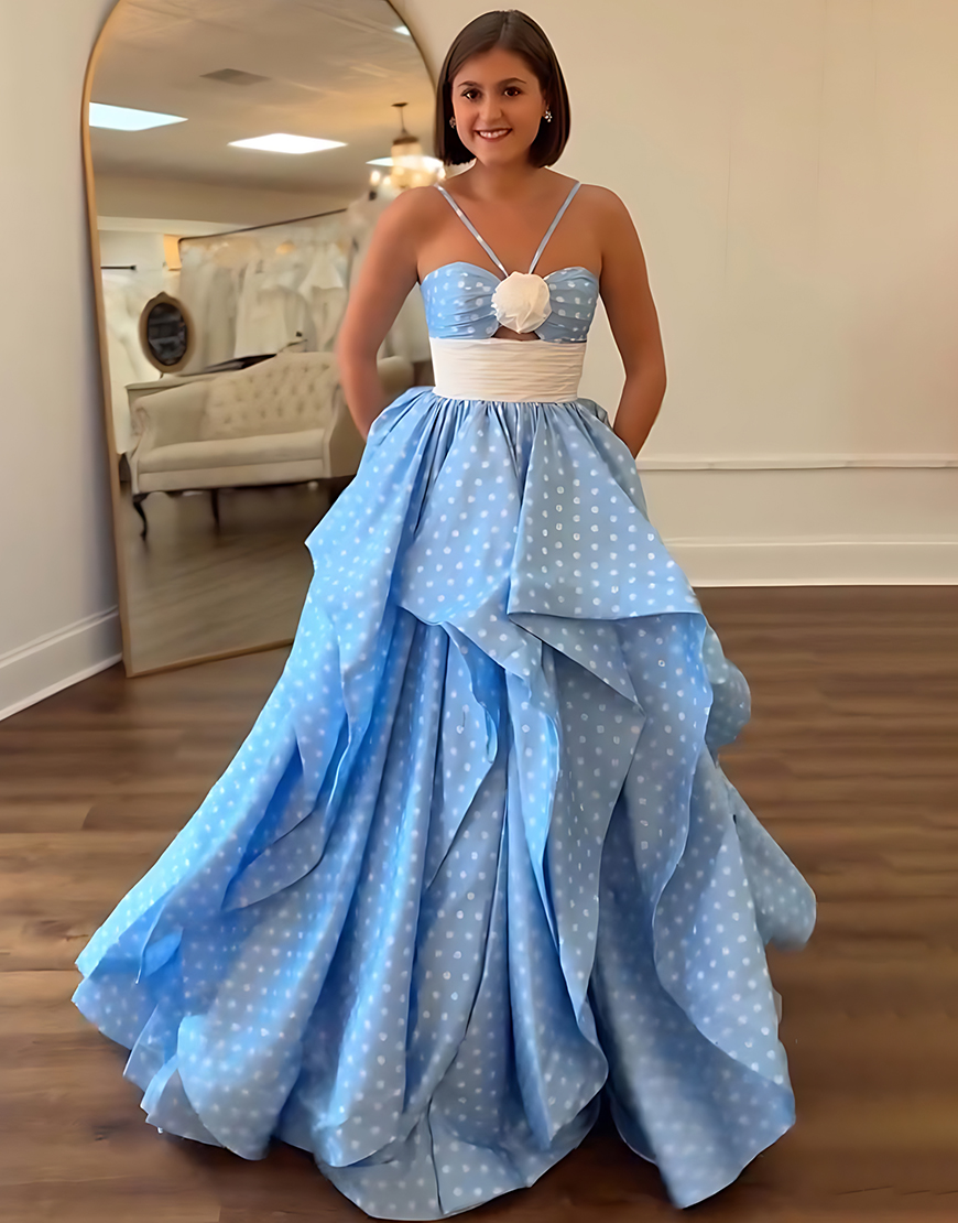 Black and White Dot Floral A Line Halter Long Prom Dress with Ruffles