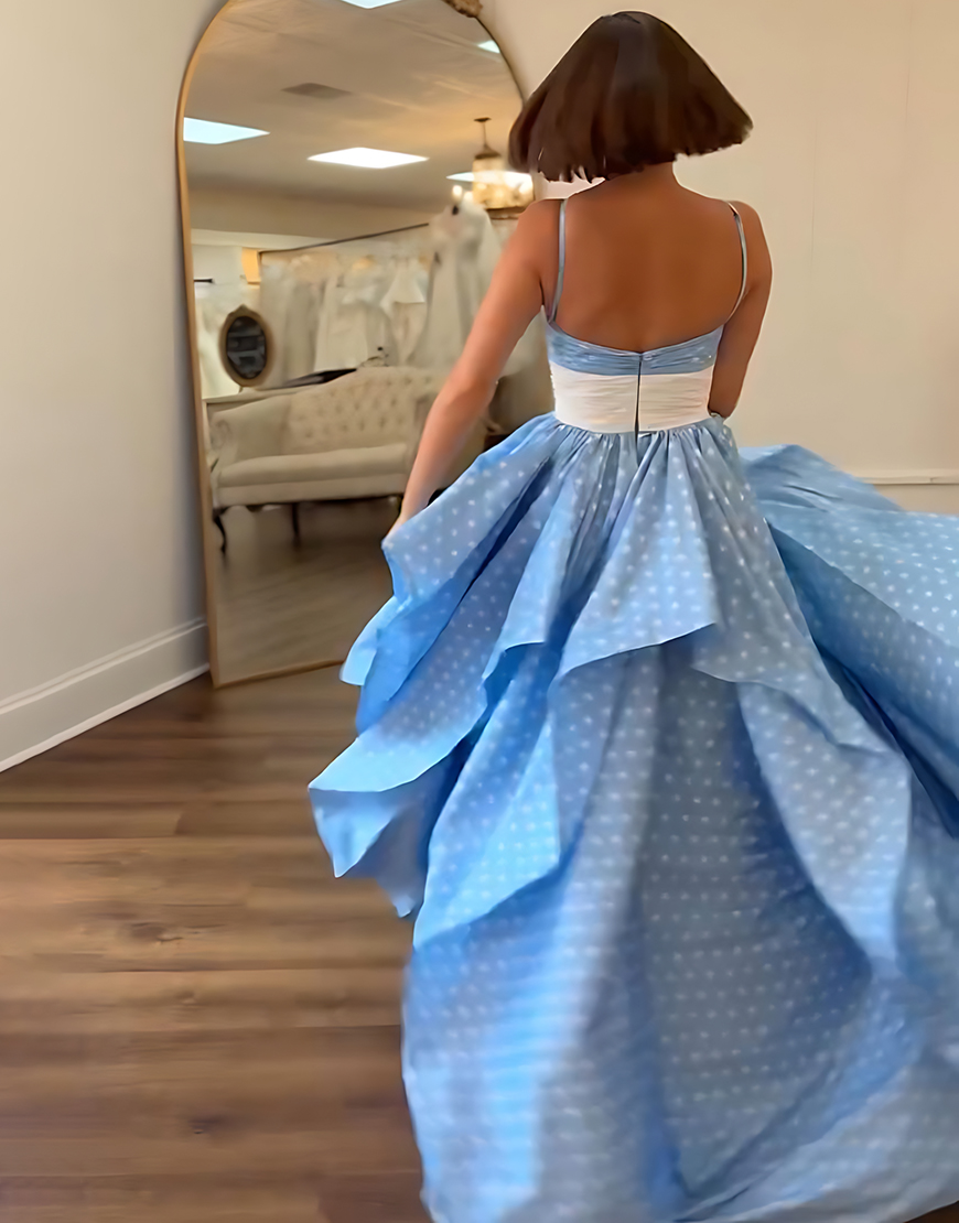 Black and White Dot Floral A Line Halter Long Prom Dress with Ruffles