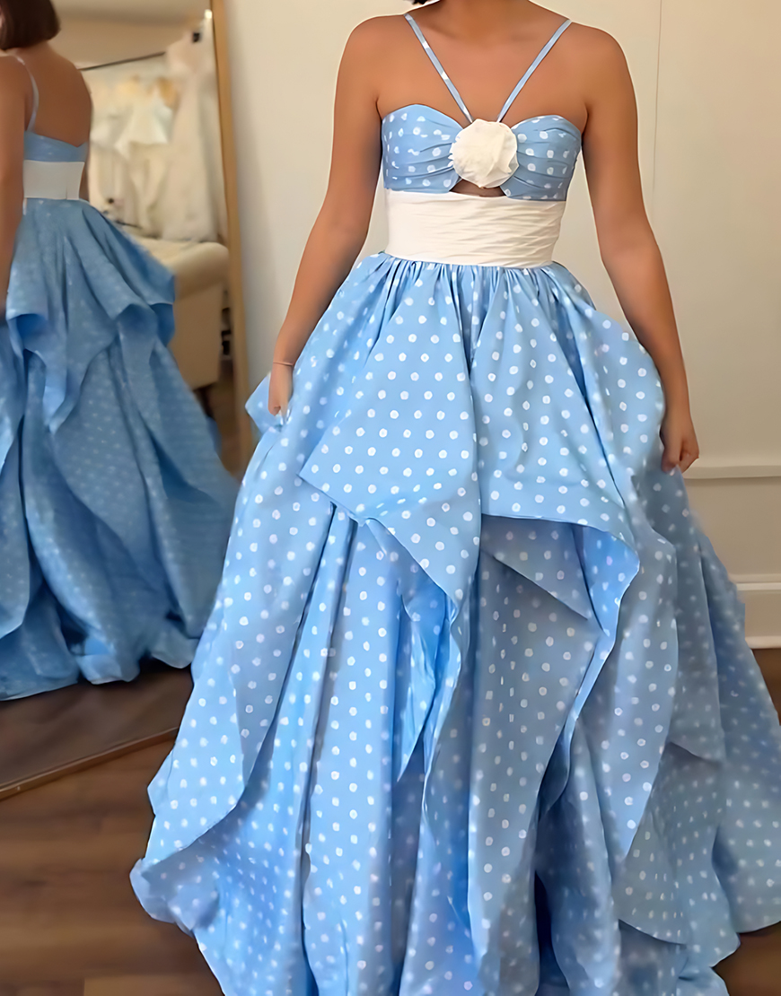 Black and White Dot Floral A Line Halter Long Prom Dress with Ruffles