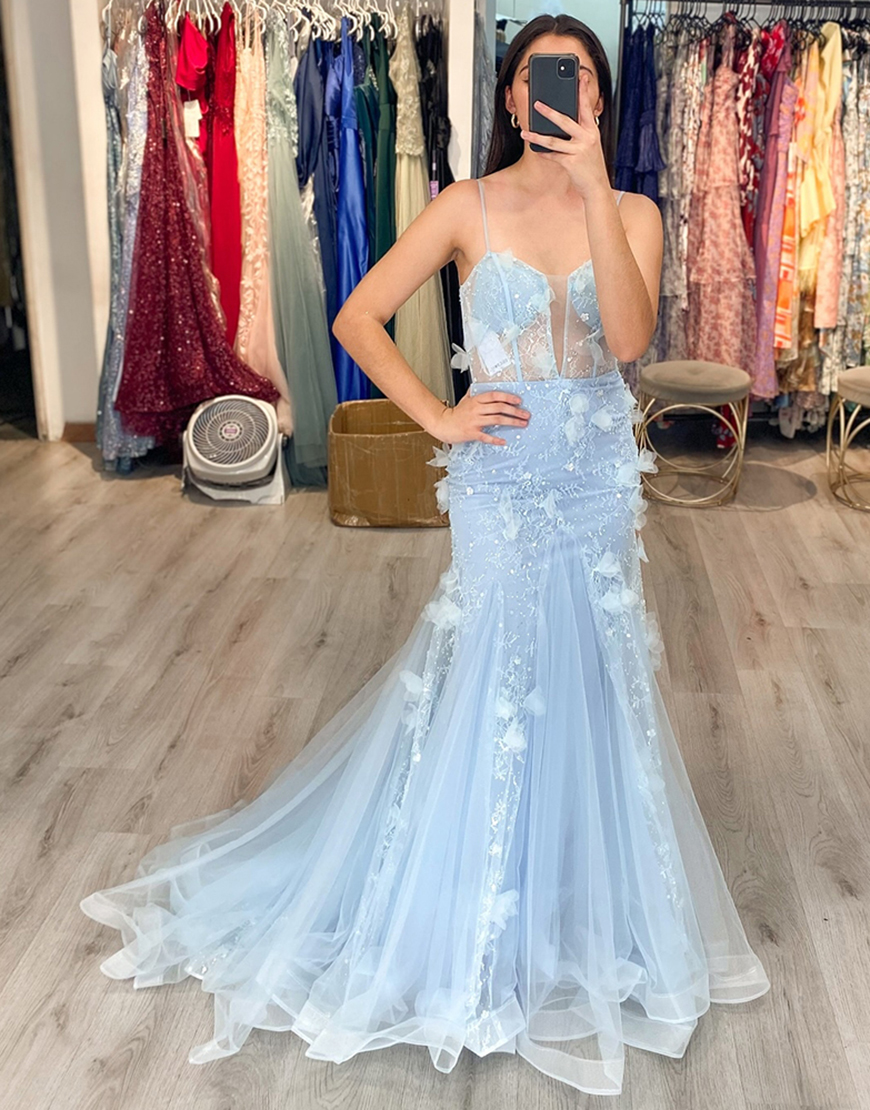 Blue Mermaid Corset Long Tulle Prom Dress with Appliques