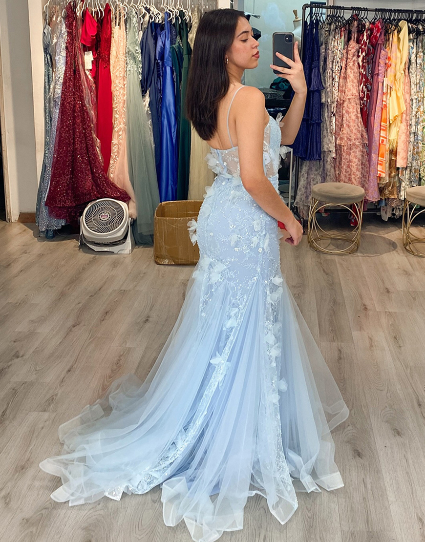 Blue Mermaid Corset Long Tulle Prom Dress with Appliques