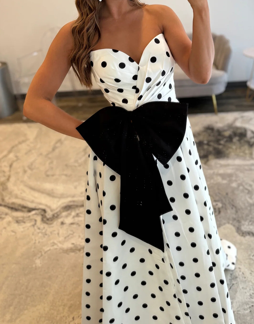 Black A Line Sweetheart Polka Dots Long Prom Dress with Bow