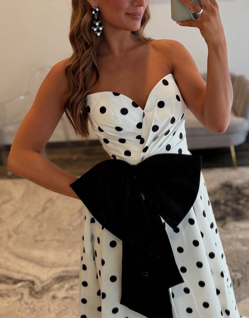 Black A Line Sweetheart Polka Dots Long Prom Dress with Bow