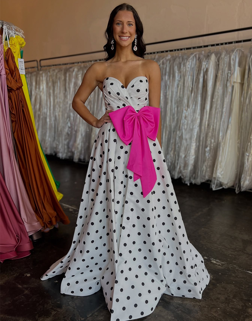 Black A Line Sweetheart Polka Dots Long Prom Dress with Bow
