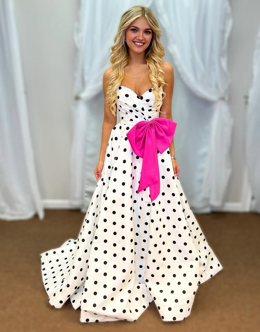Berlinnova Women Fuchsia Polka Dots Long Prom Dress with Bow A Line Sweetheart Formal Dress