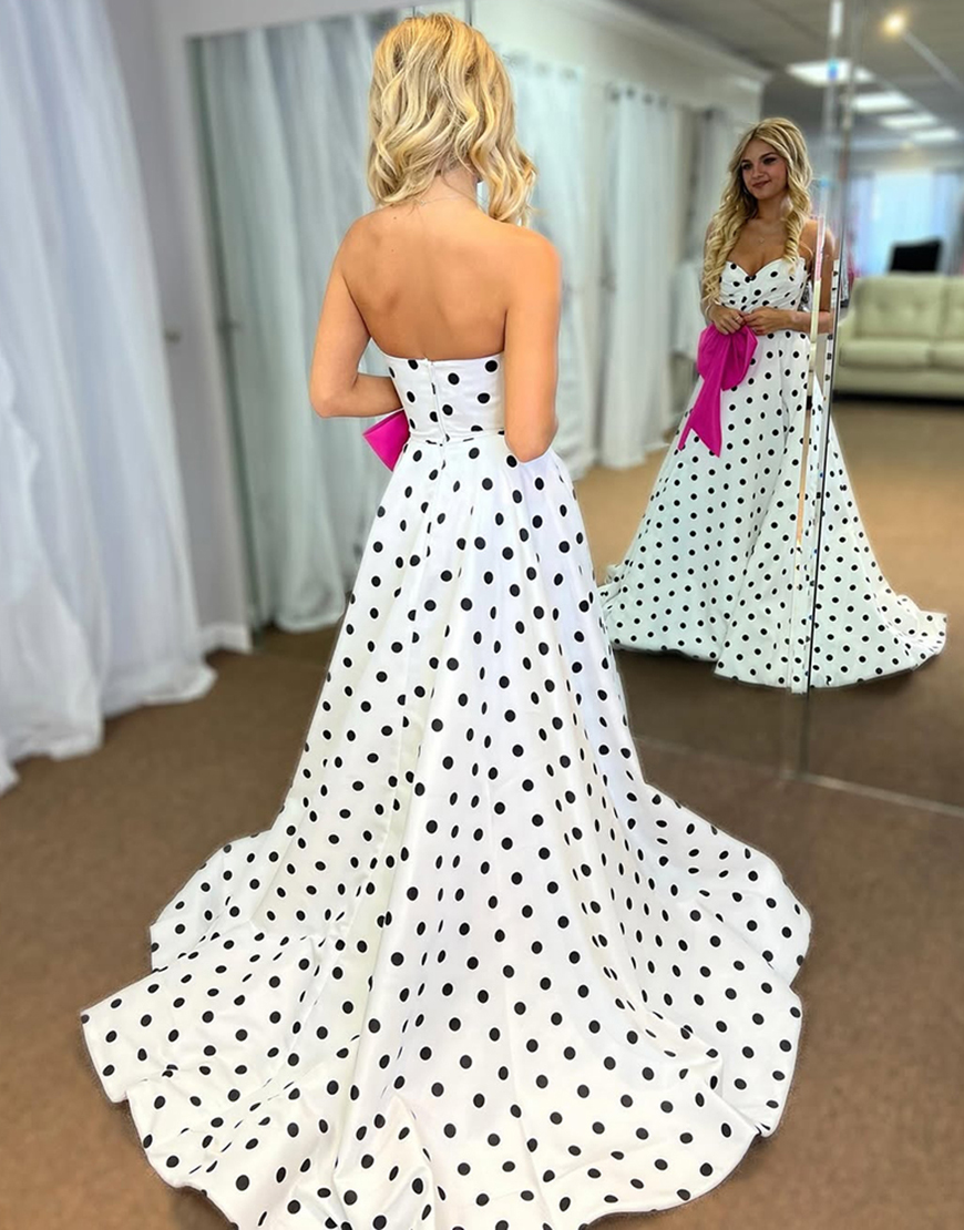 Black A Line Sweetheart Polka Dots Long Prom Dress with Bow