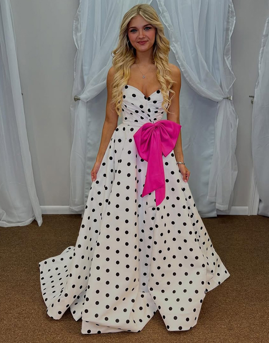 Black A Line Sweetheart Polka Dots Long Prom Dress with Bow