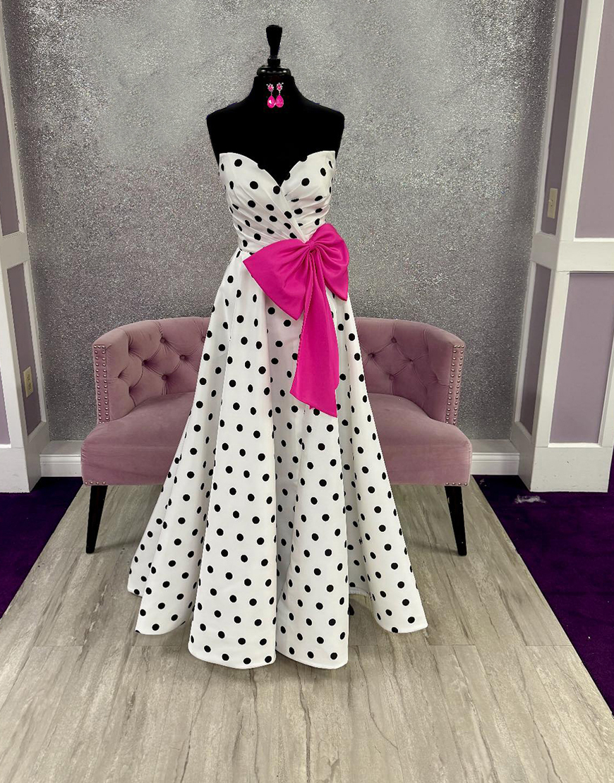 Black A Line Sweetheart Polka Dots Long Prom Dress with Bow
