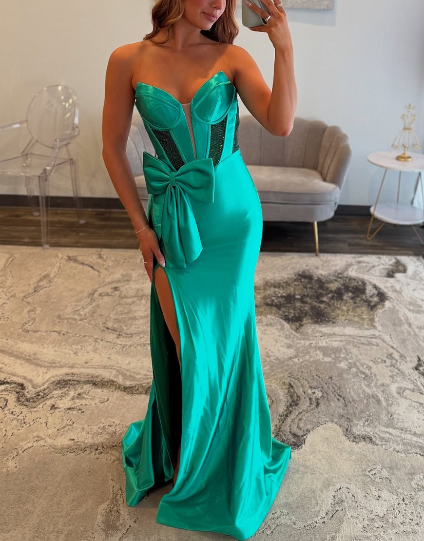 Sparkly Green Mermaid Strapless Long Beaded Satin Corset Prom Dress with Bow