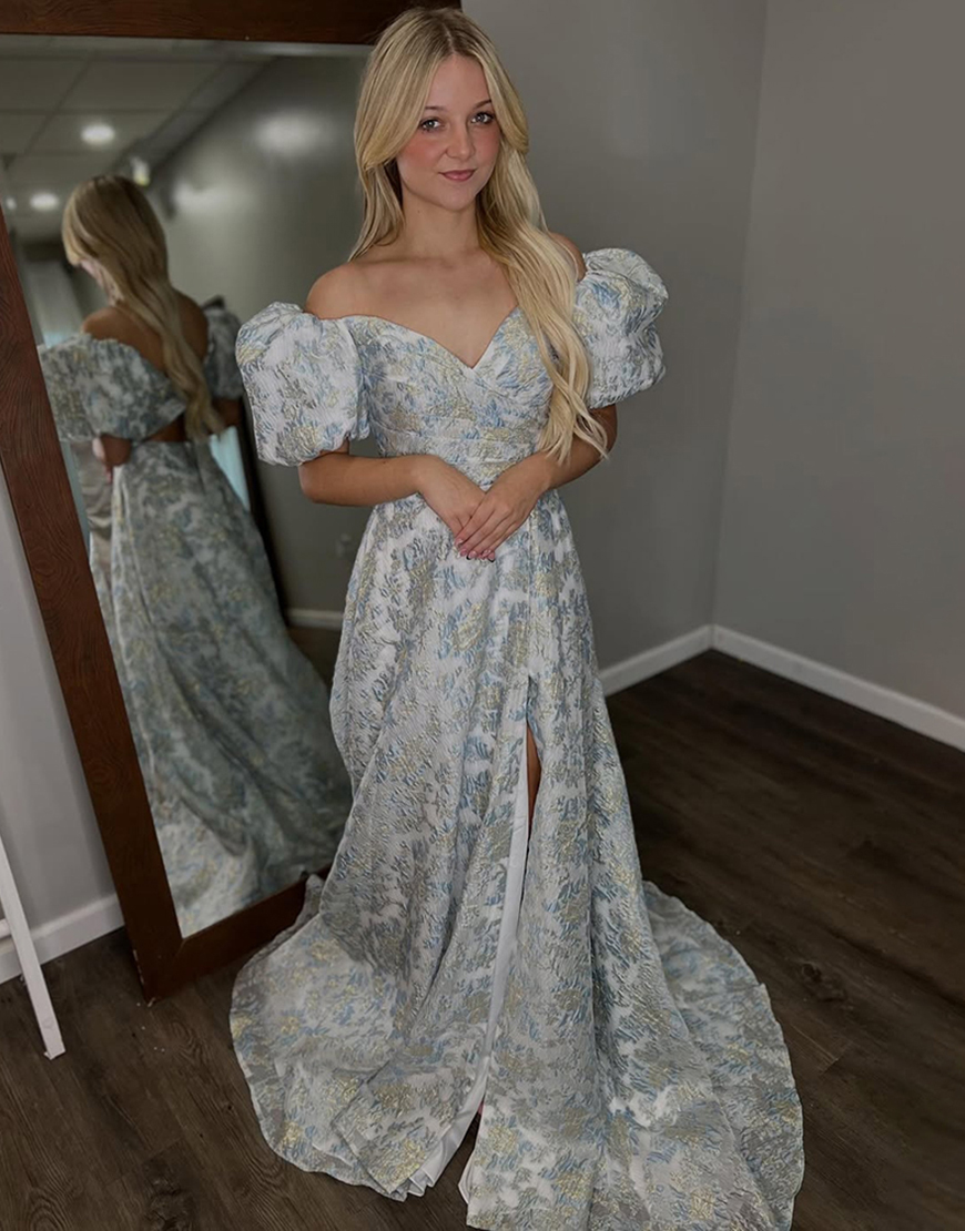 Grey Blue Floral Off the Shoulder A Line Long Prom Dress with Sleeves