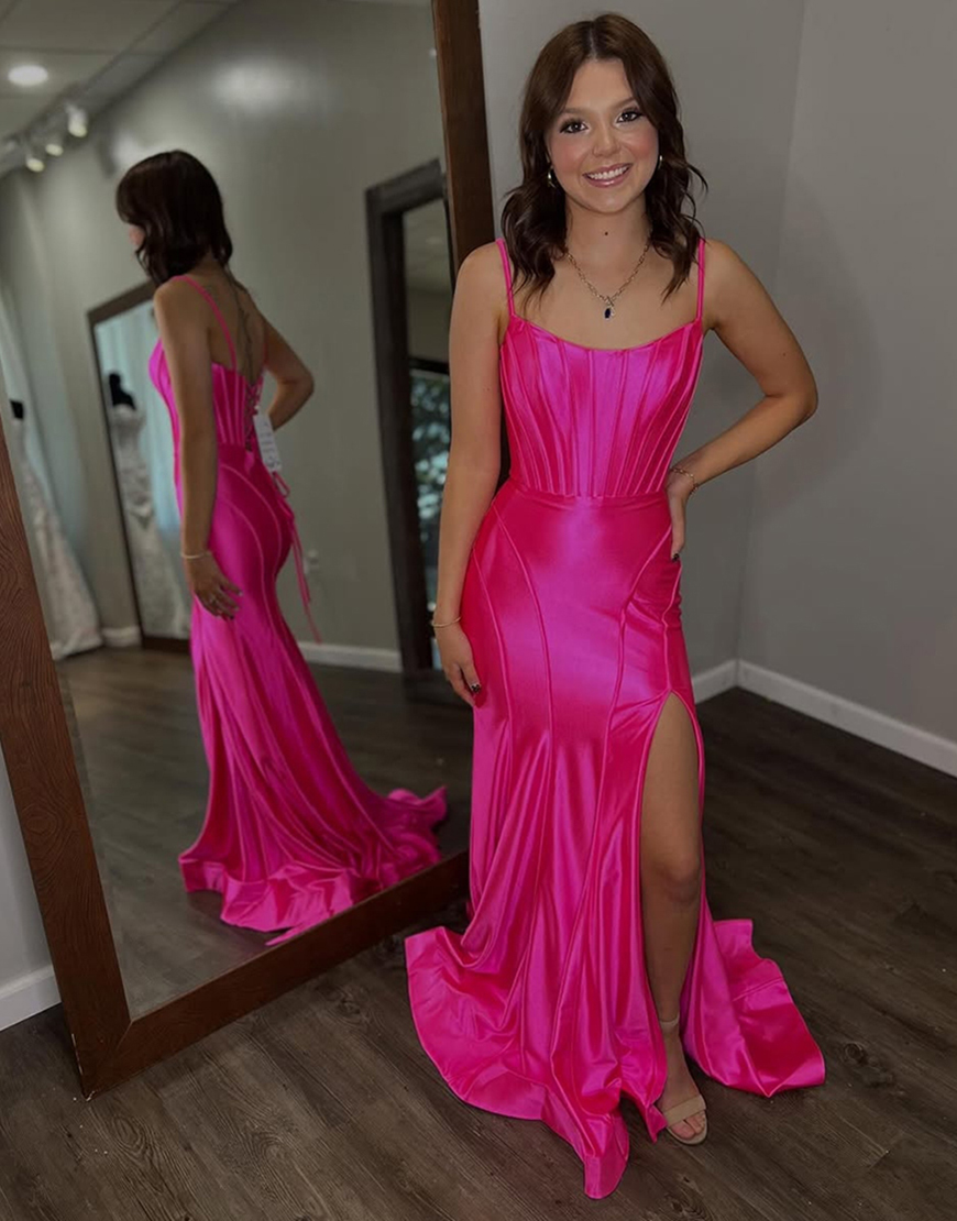 Fuchsia Corset Long Satin Spaghetti Straps Prom Dress with Slit