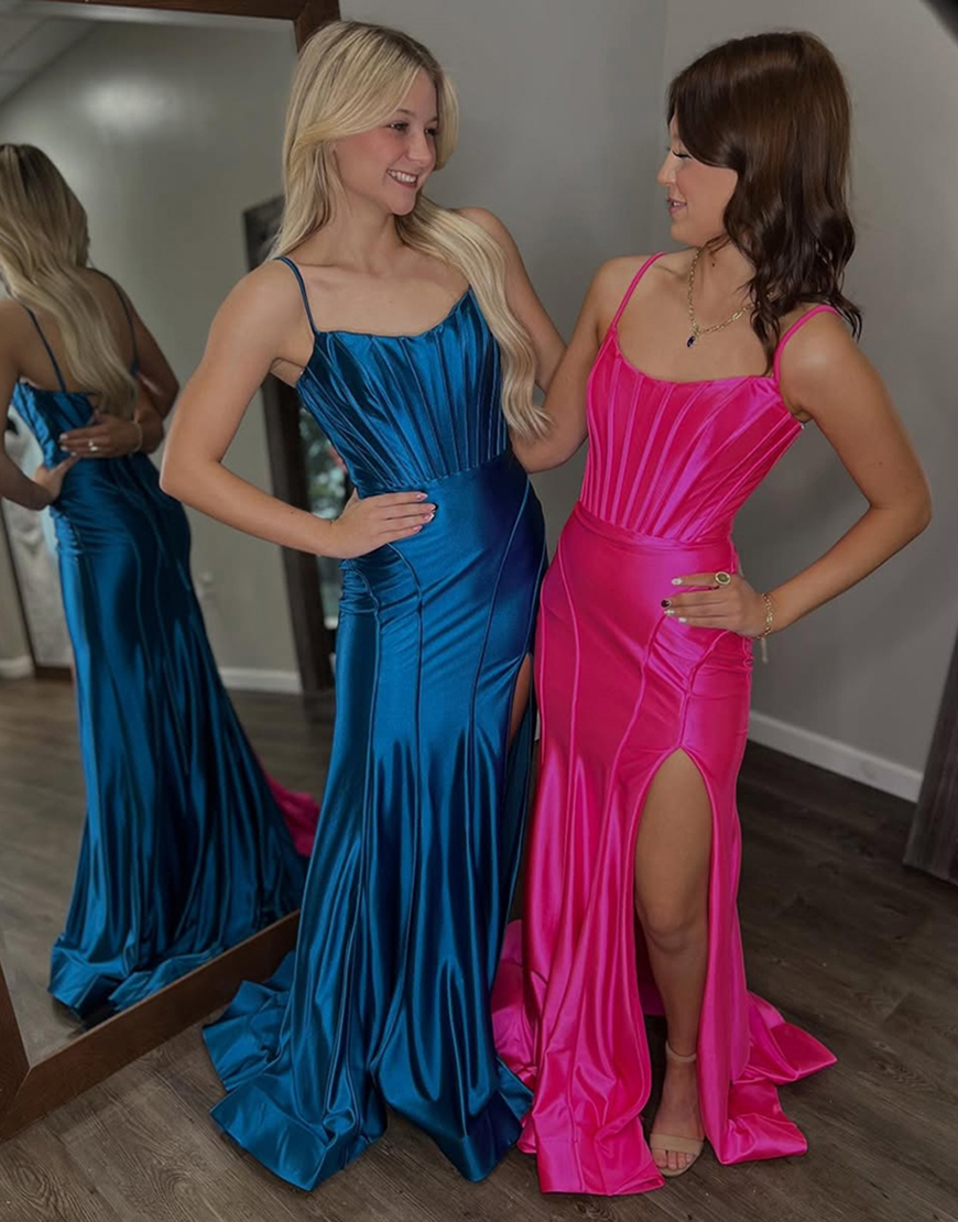 Fuchsia Corset Long Satin Spaghetti Straps Prom Dress with Slit