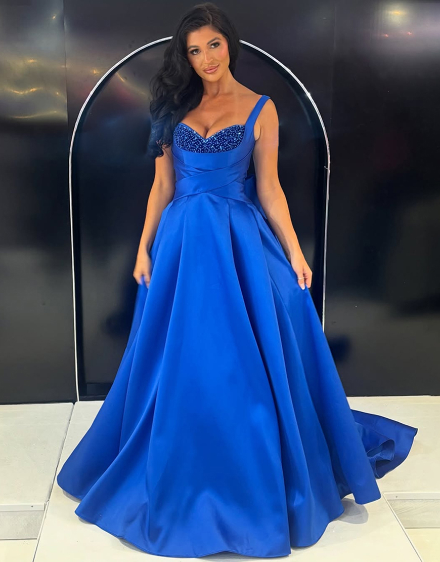 Berlinnova Women Sparkly Royal Blue Long Prom Dress with Bow Satin A Line Formal Dress with Beading