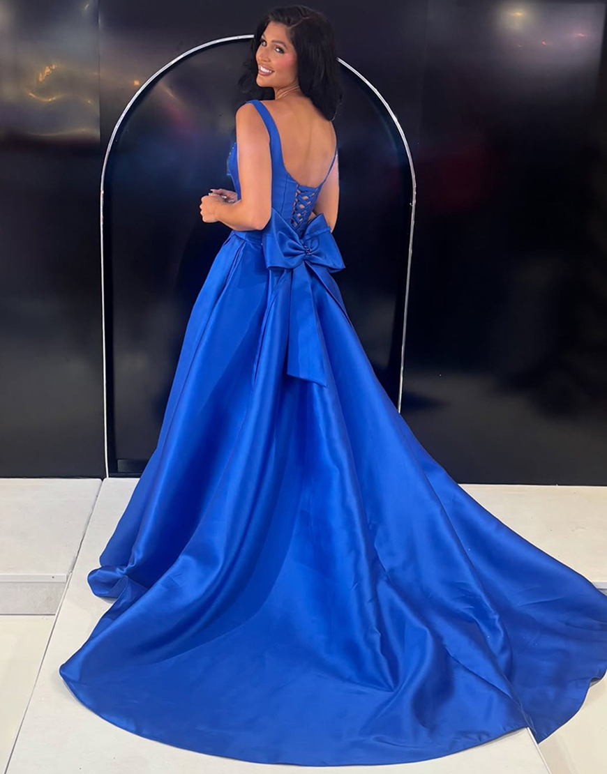 Sparkly Royal Blue A Line Satin Thick Straps Long Prom Dress with Beading