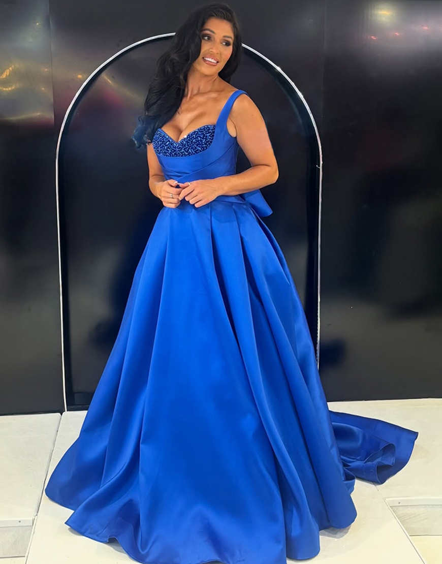 Sparkly Royal Blue A Line Satin Thick Straps Long Prom Dress with Beading