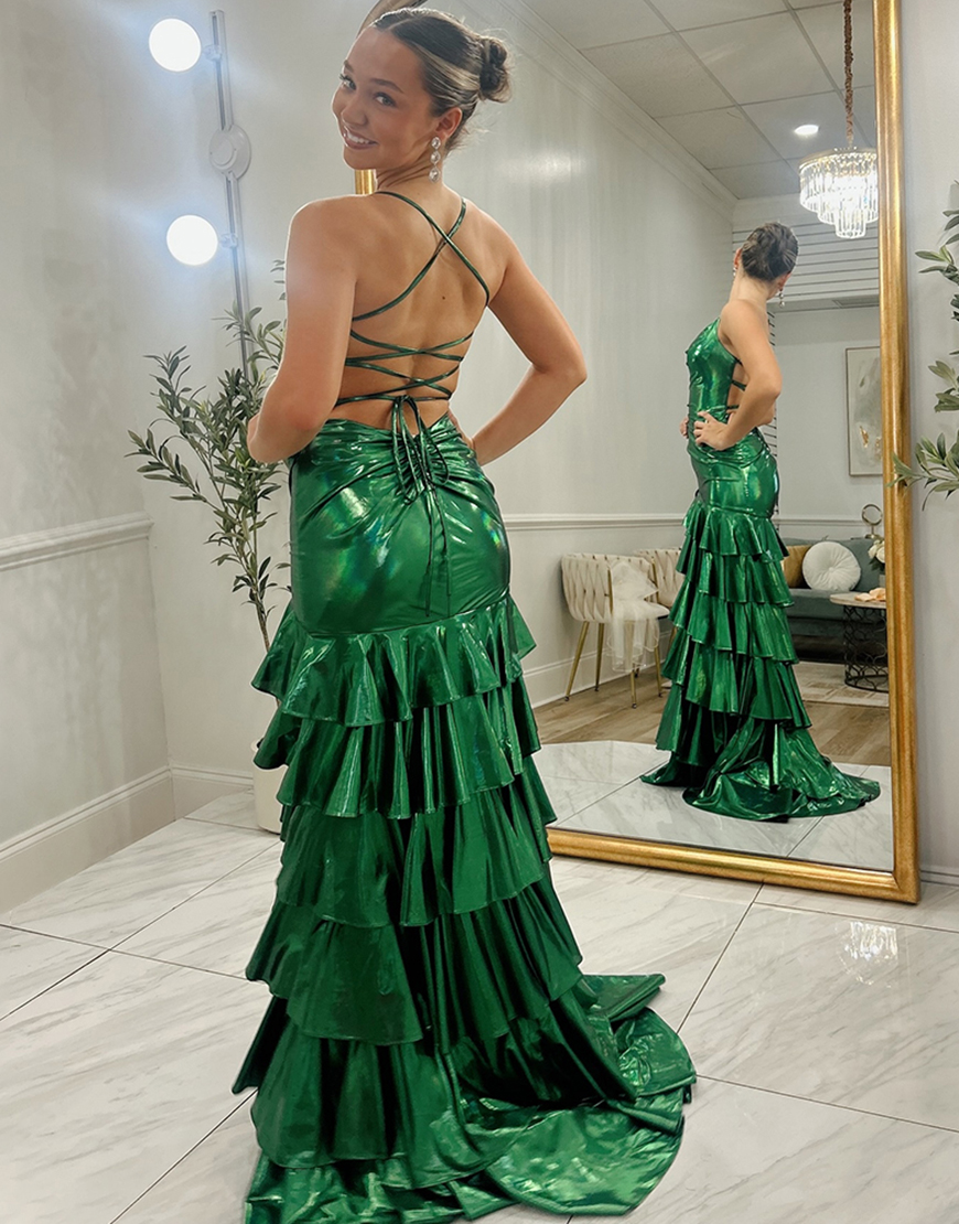 Sparkly Dark Green Metallic Tiered Ruffled Long Prom Dress with Slit