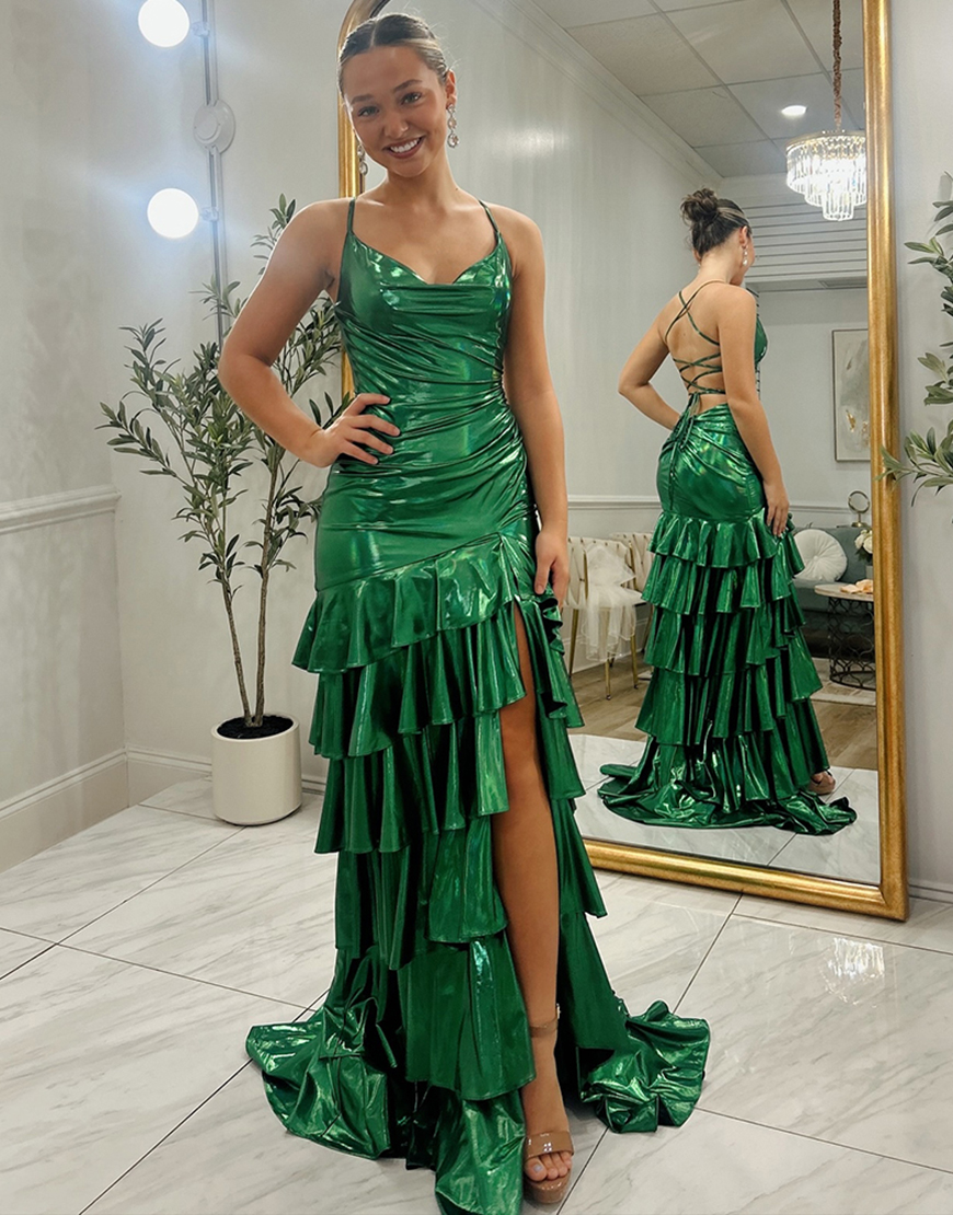Sparkly Dark Green Metallic Tiered Ruffled Long Prom Dress with Slit