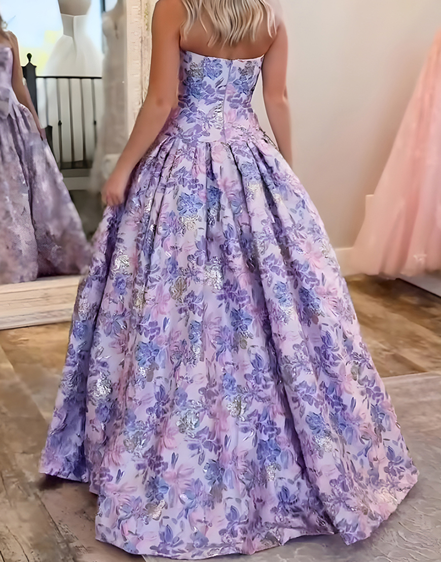 Purple Floral Strapless A Line Long Prom Dress with Bow