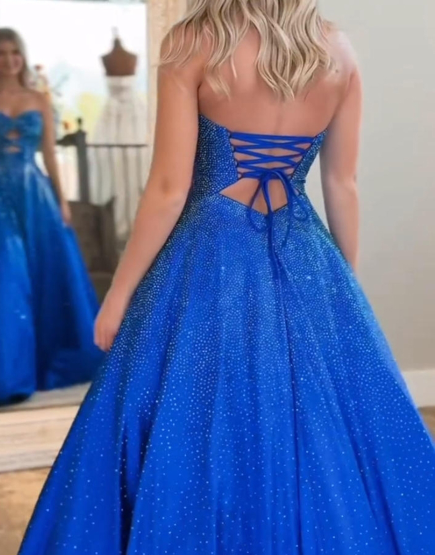 Sparkly Royal Blue A Line Sweetheart Cut Out Long Prom Dress with Beading