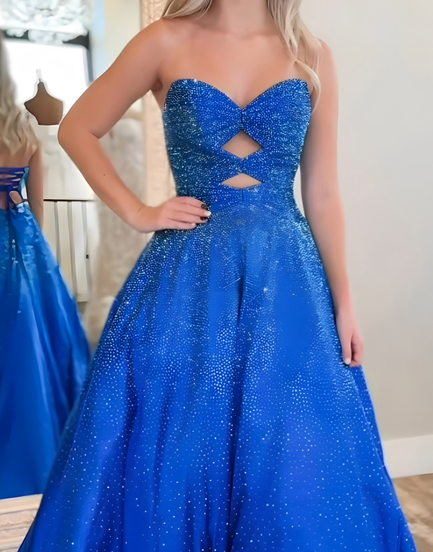 Sparkly Royal Blue A Line Sweetheart Cut Out Long Prom Dress with Beading