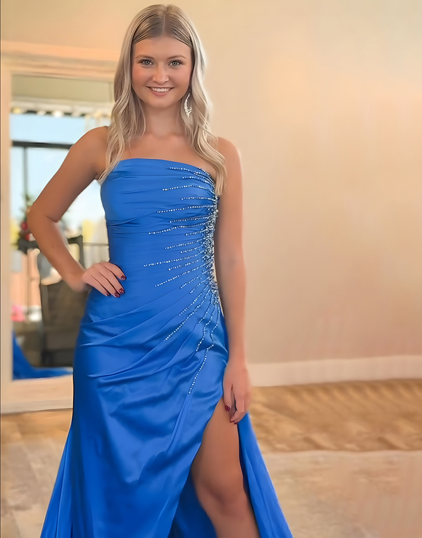 Sparkly Royal Blue Long Mermaid Beaded Prom Dress with Cape