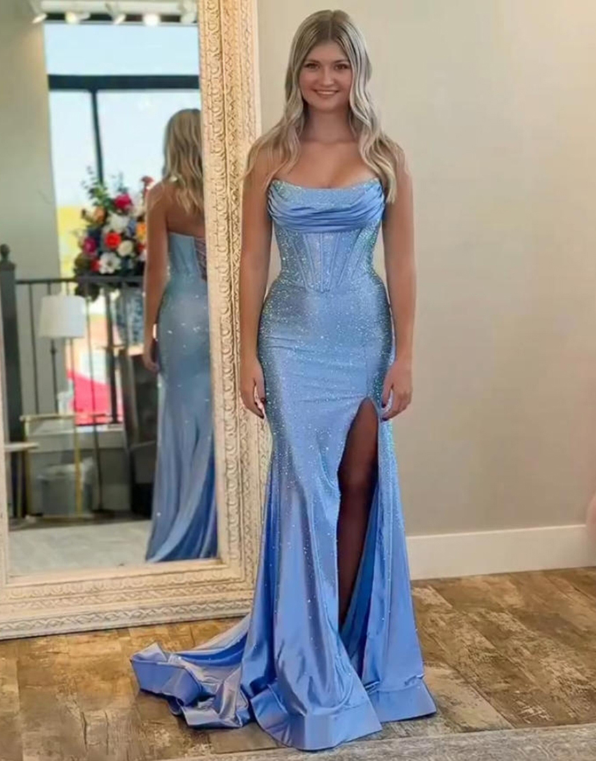 Berlinnova Women Sparkly Blue Corset Beaded Prom Dress Mermaid Strapless Satin Long Formal Dress with Slit