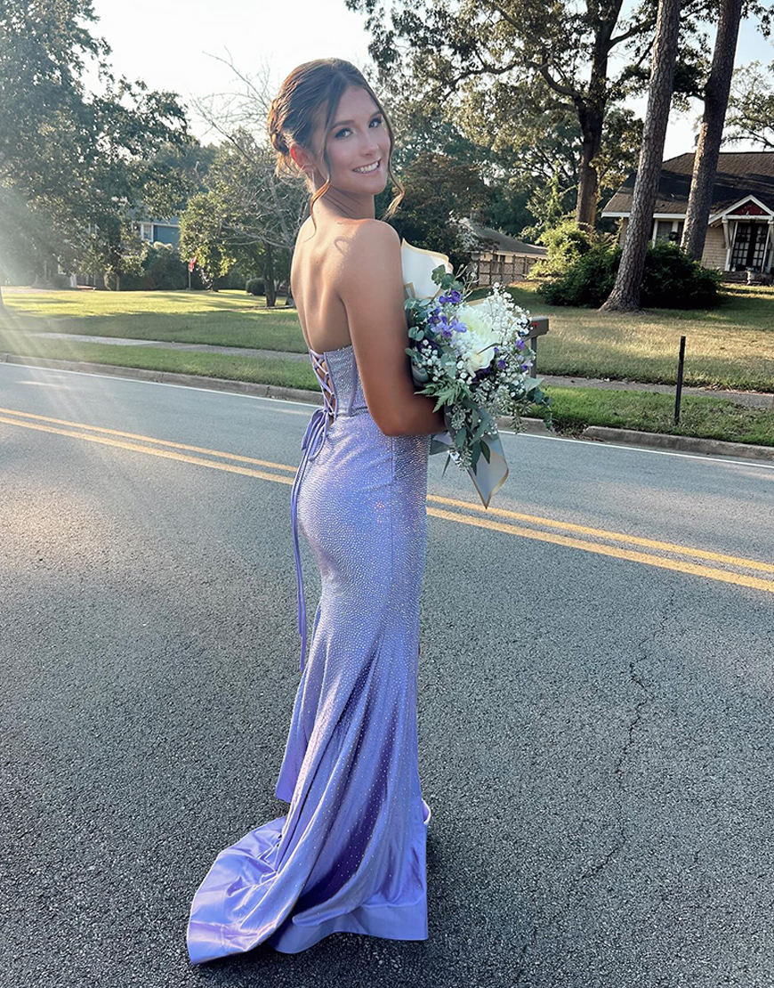Sparkly Blue Mermaid Strapless Beaded Long Corset Prom Dress with Slit