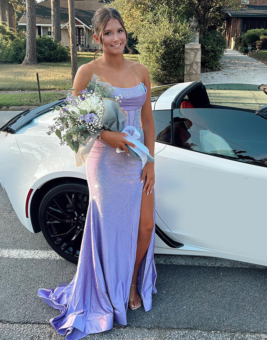 Sparkly Blue Mermaid Strapless Beaded Long Corset Prom Dress with Slit