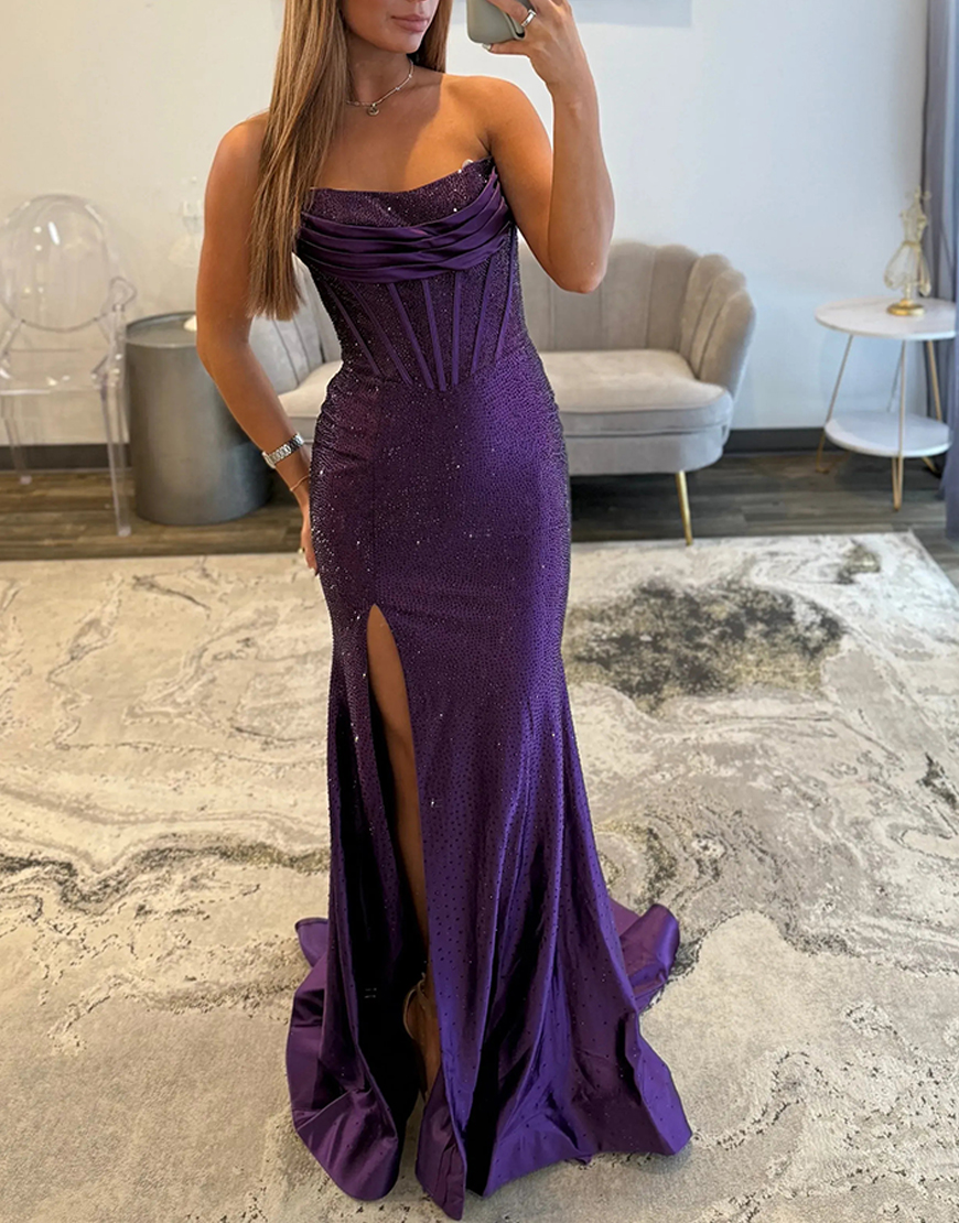 Sparkly Blue Mermaid Strapless Beaded Long Corset Prom Dress with Slit