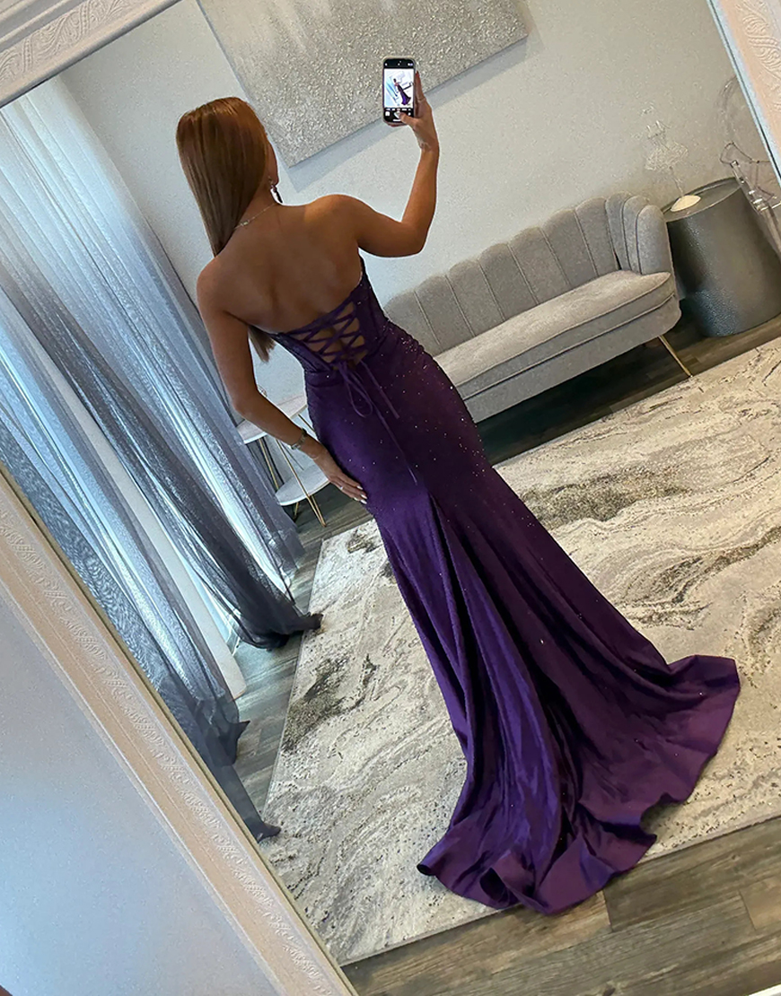 Sparkly Blue Mermaid Strapless Beaded Long Corset Prom Dress with Slit