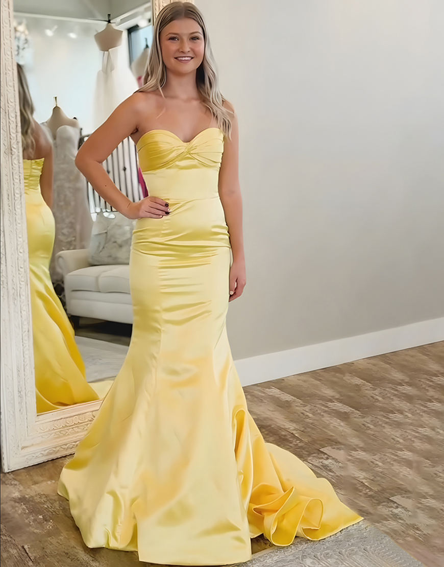 Yellow Mermaid Sweetheart Satin Long Prom Dress